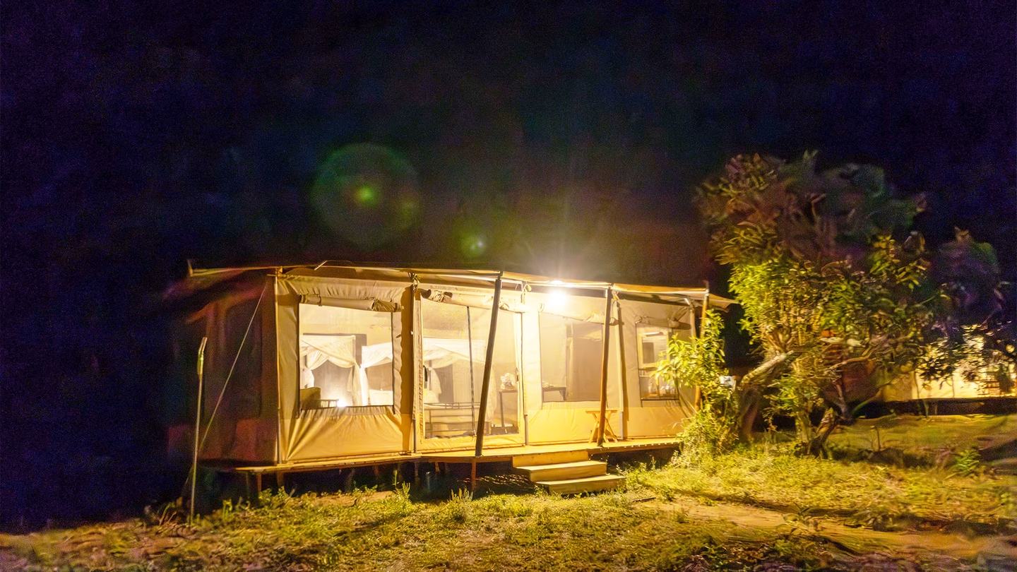 A line of tents at the edge of the plains in late light