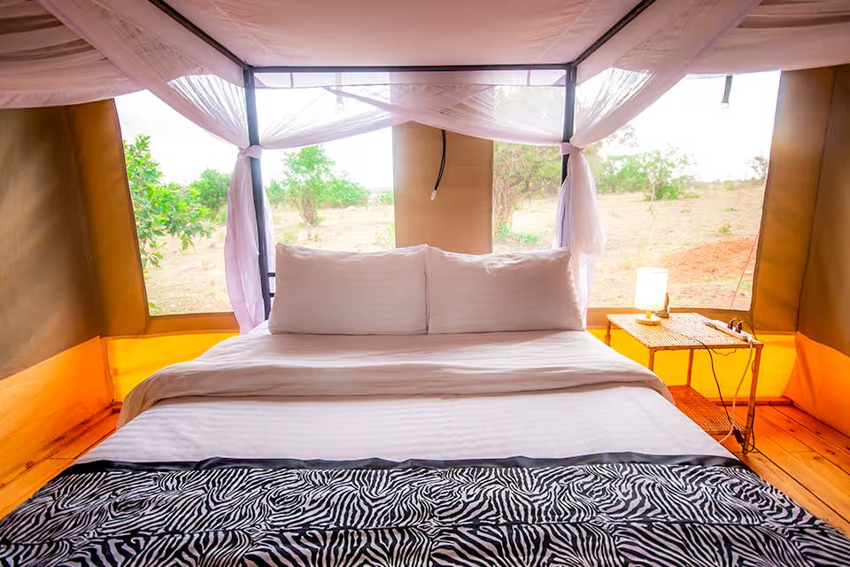 Single Tented Room: the bed, canvas walls and the view from the veranda