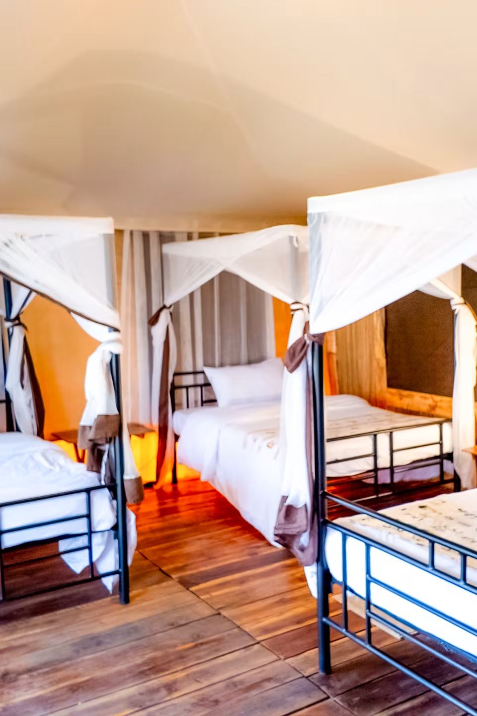 Triple Tented Room: the bed, canvas walls and the view from the veranda